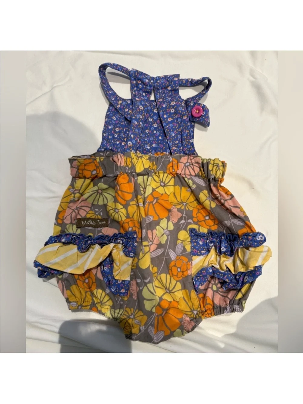 Matilda Jane Floral Ruffle Bubble Romper in Gray, Yellow & Orange